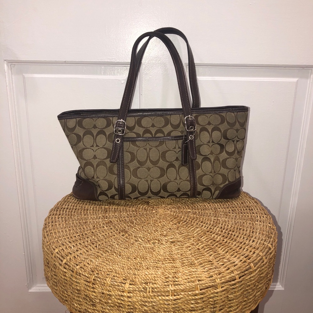 Coach Signature Canvas Shoulder Tote in Brown with Dark Brown Trim
